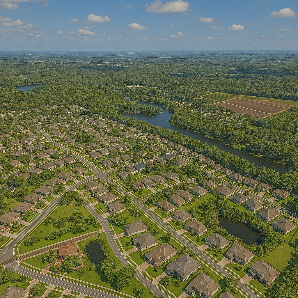 An aerial view of a residential area surrounded by trees and a river.