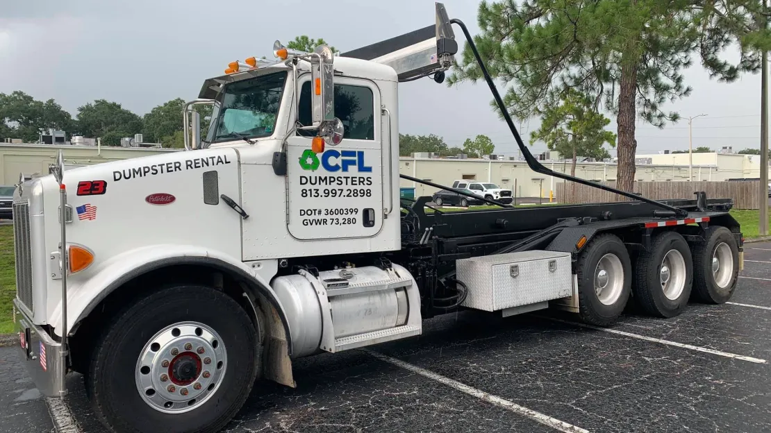A white dump truck is parked in a parking lot.