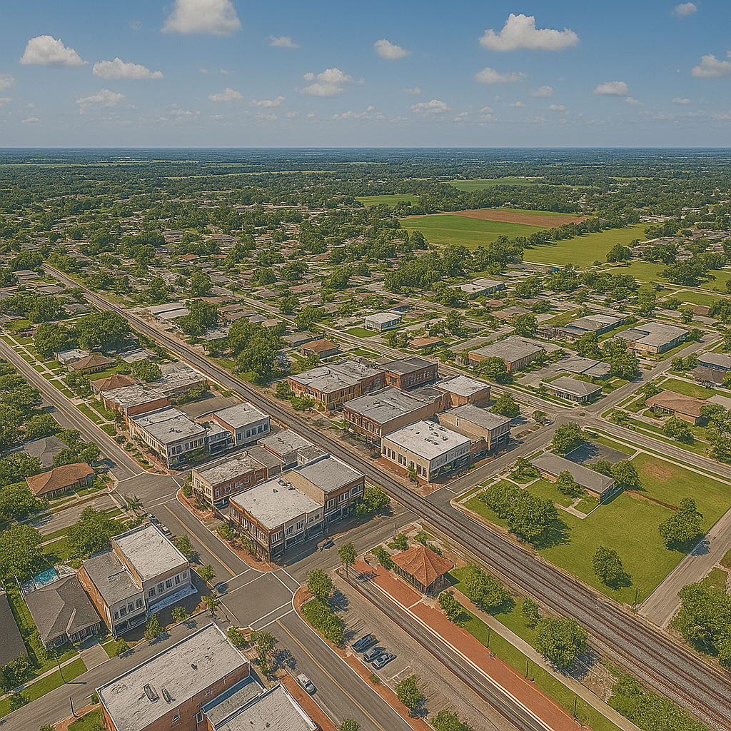 An aerial view of a small town with lots of buildings and trees.