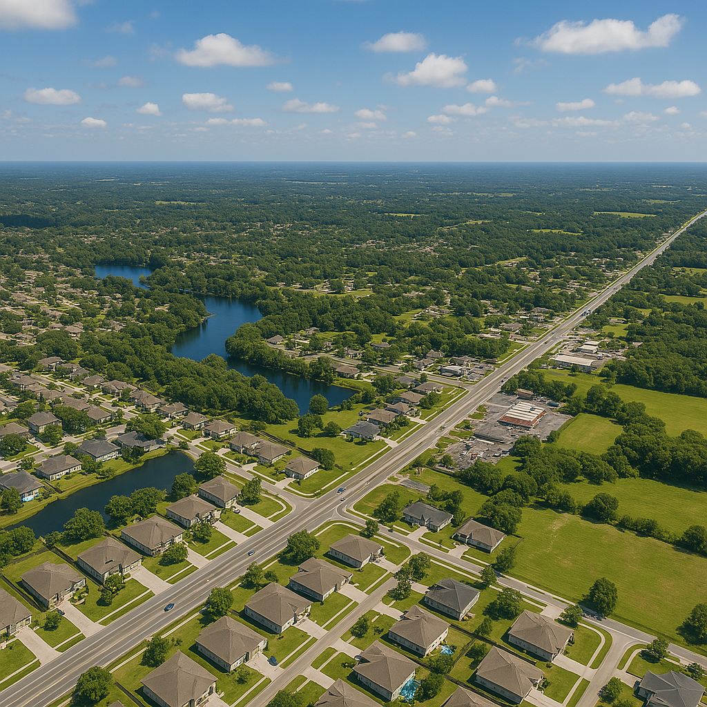 An aerial view of a residential area with a river running through it
