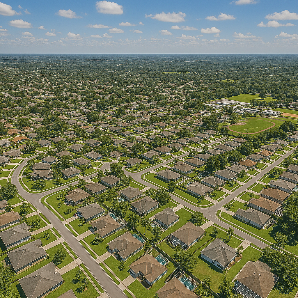 An aerial view of a residential area with lots of houses and trees