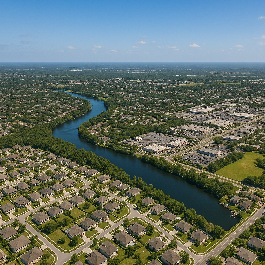 An aerial view of a residential area with a river running through it