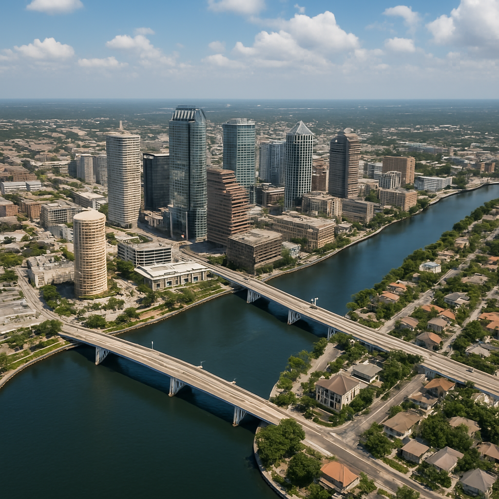 An aerial view of a city with a bridge and a river
