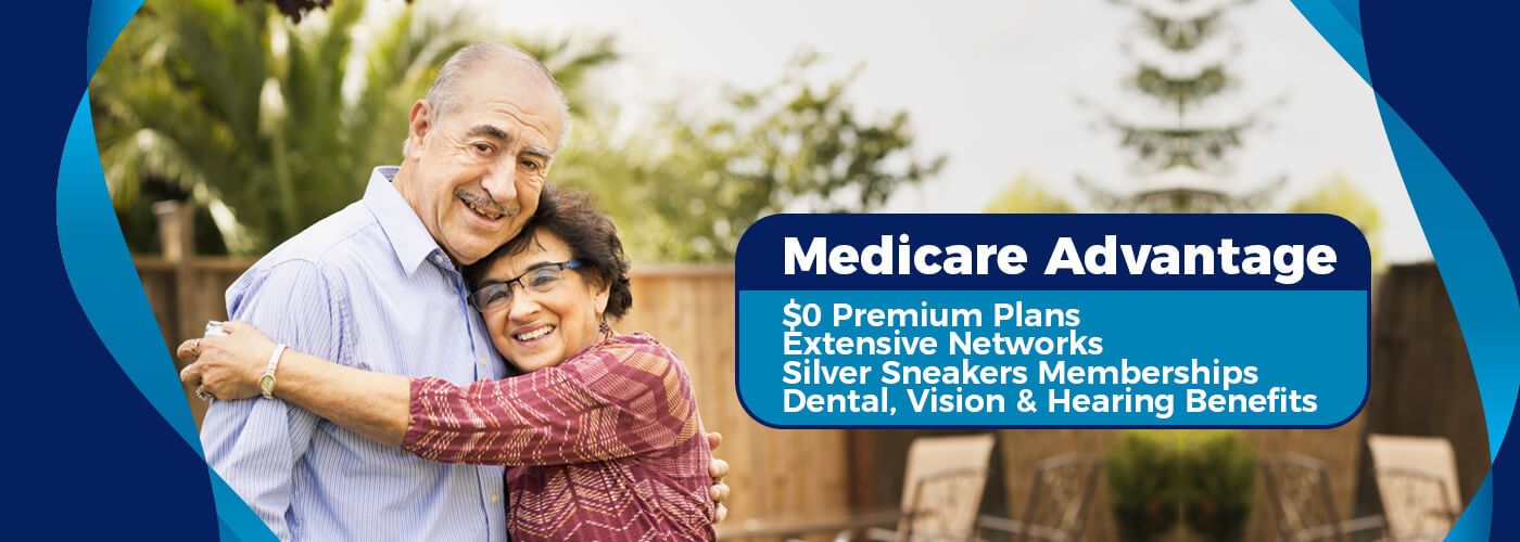 an advertisement for medicare advantage shows a man and woman hugging each other .