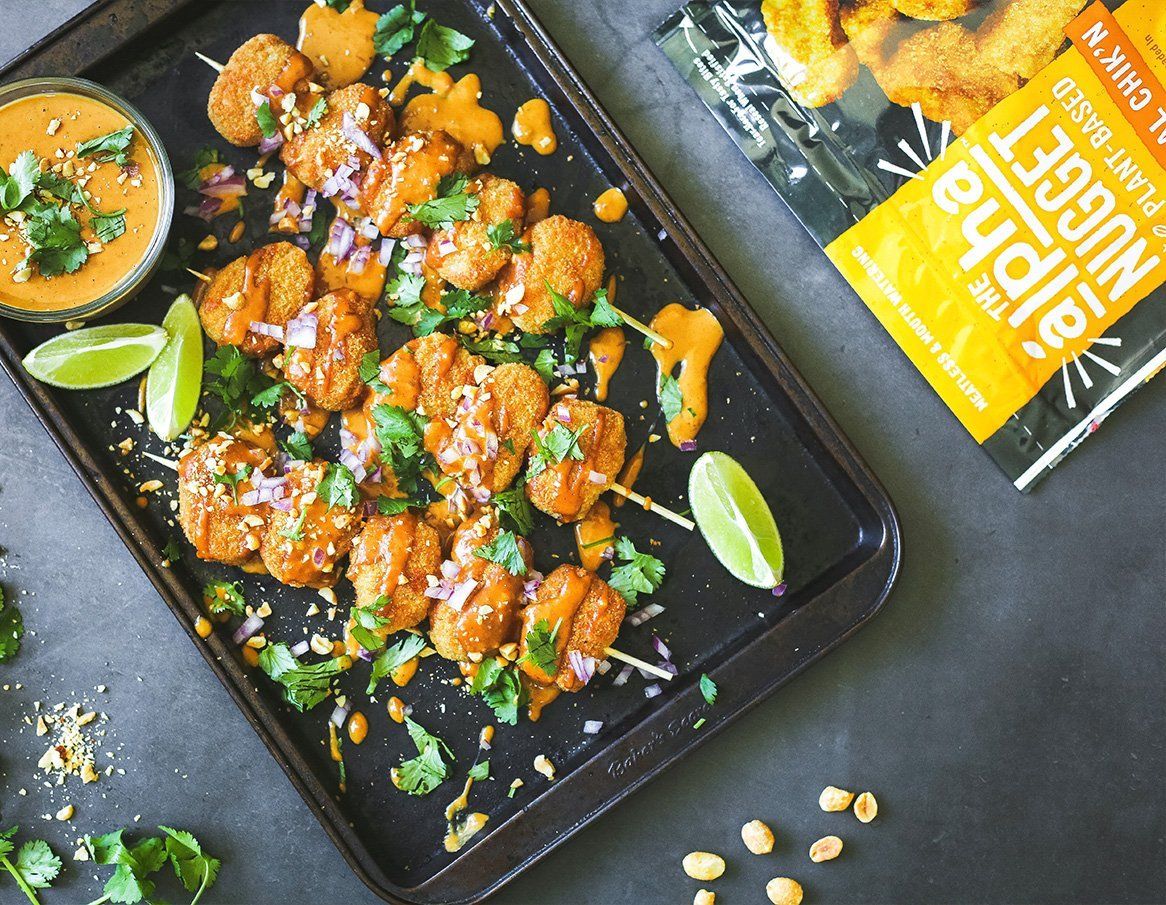 Meatless Alpha Nugget Kabobs with Peanut Satay Sauce