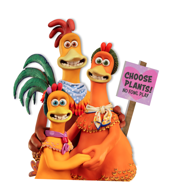 Three chickens holding a sign that says choose plants no fowl play