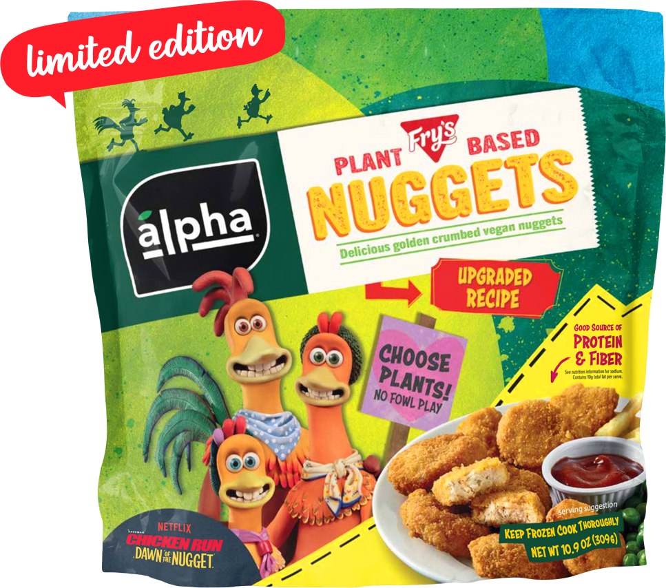 A bag of Alpha plant based nuggets limited Chicken Run edition