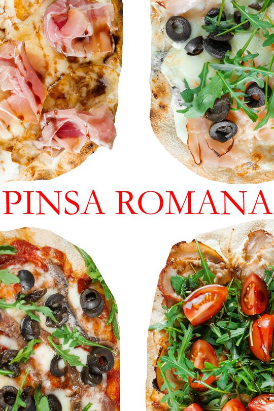 Vier verschiedene Pizzasorten mit dem Wort "Pitsa Romana" auf der Unterseite