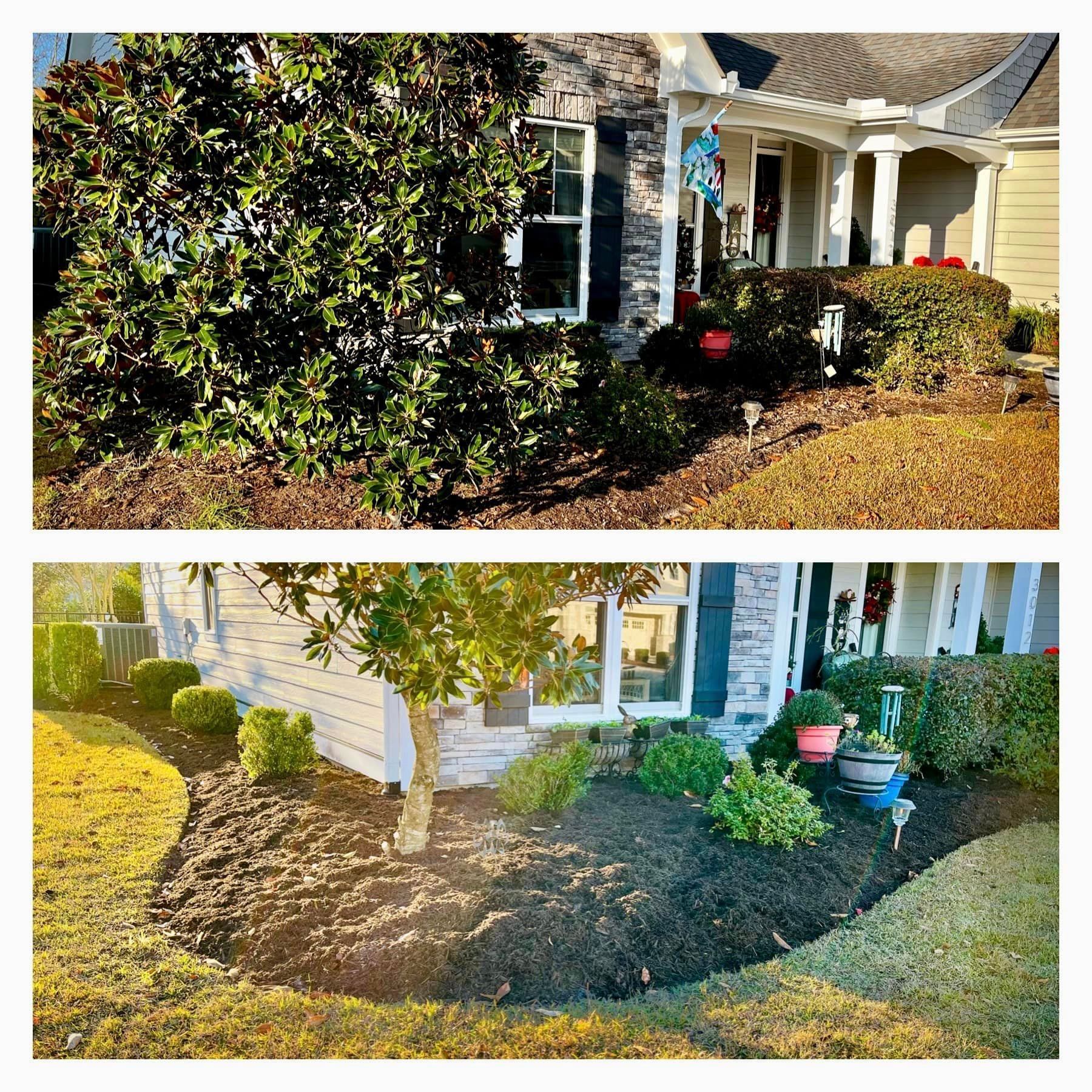 A before and after picture of a house with a lush green lawn.