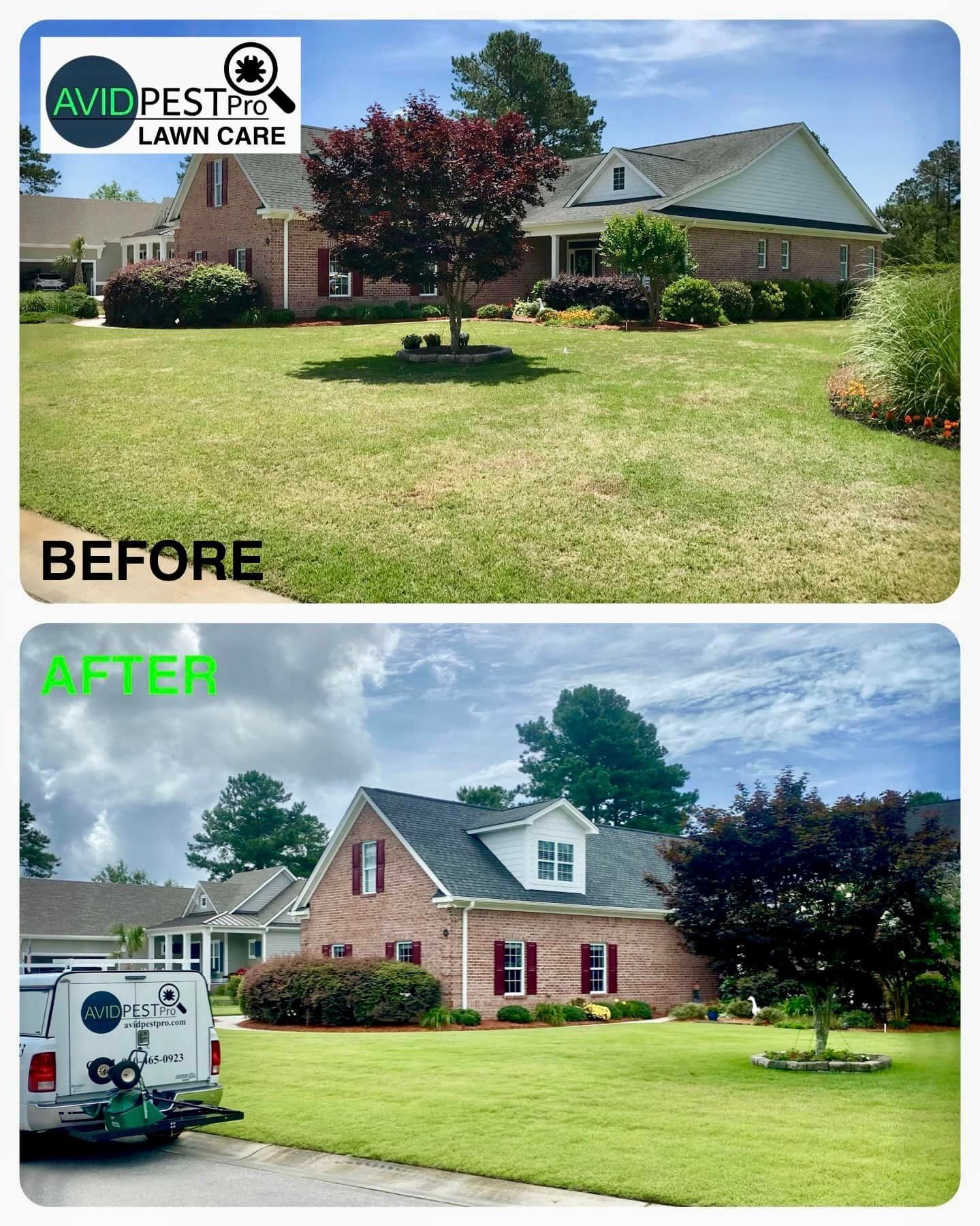 A before and after picture of a lawn with a truck parked in front of it.