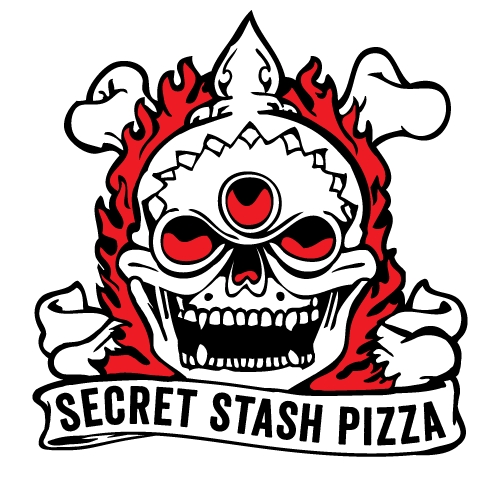 The logo for secret stash pizza shows a skull with three eyes and a chef 's hat.