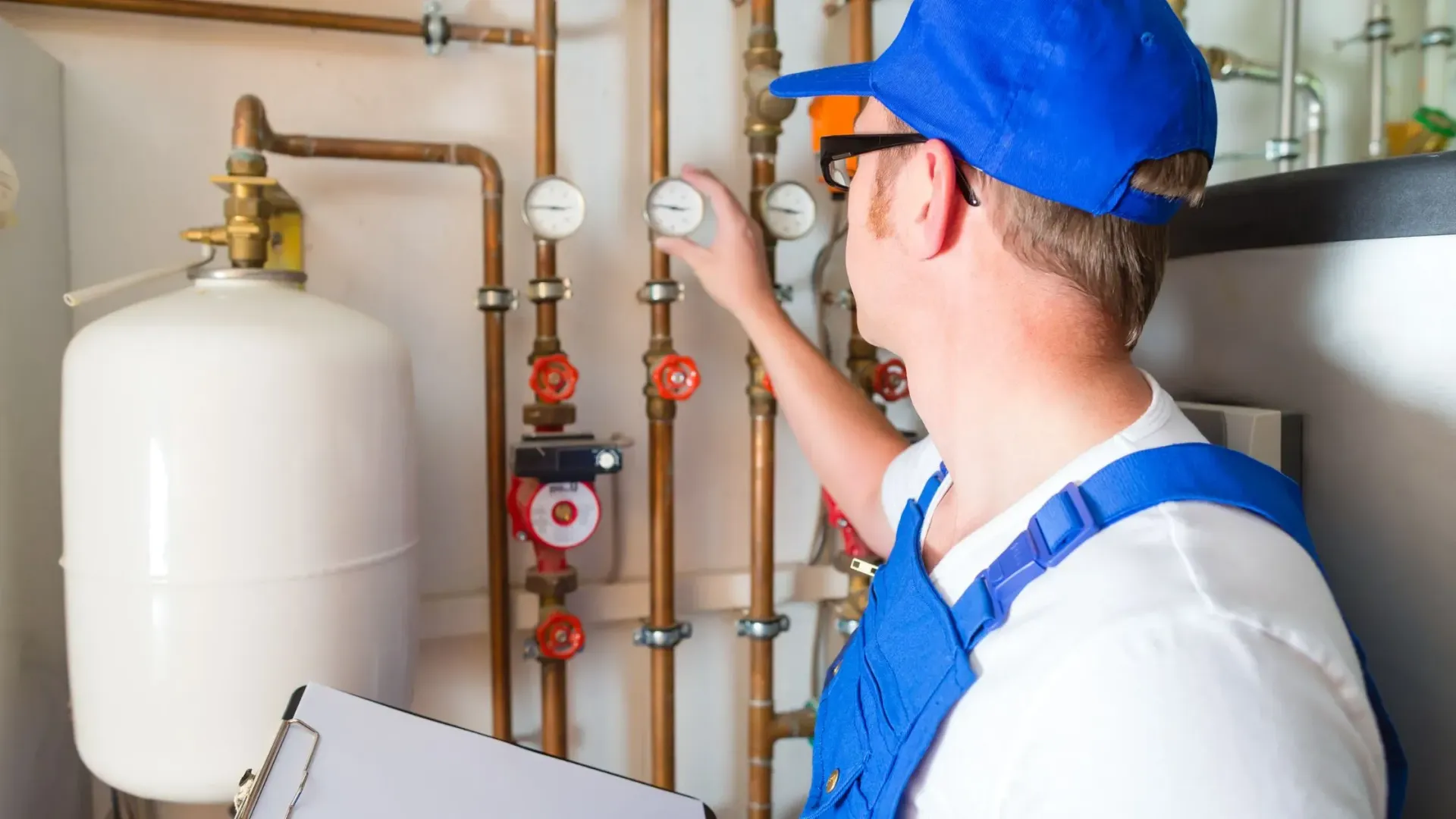 Plumber in blue overalls adjusting valves on copper pipes, holding clipboard, checking equipment in a mechanical room.