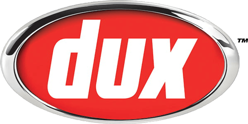 Dux logo: White text "dux" inside a red oval, framed by a silver border.