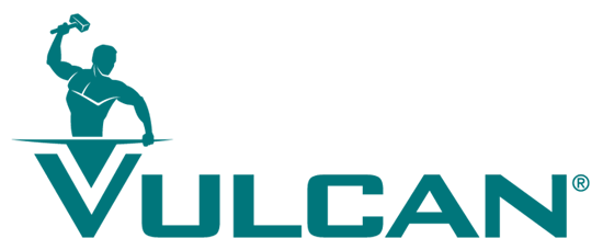 A teal logo with a man swinging a hammer over the word "VULCAN". The man is emerging from a "V".