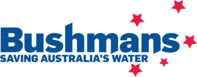 Bushmans logo: Blue text and red stars. "Bushmans" above "Saving Australia's Water."