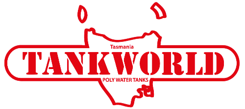 Red logo: "TANKWORLD" text within a red capsule shape, with Tasmania outline, "Tasmania's" and "POLY WATER TANKS".