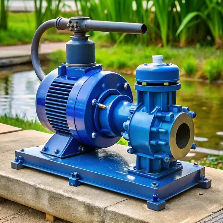 Blue water pump on a stone surface, outdoors near a pond.