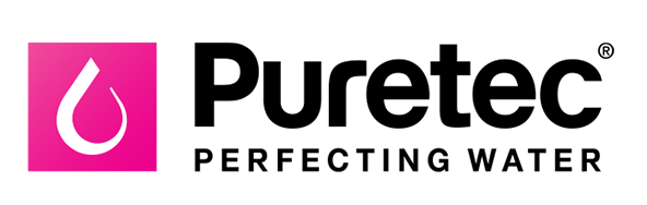 Logo for Puretec water filtration: pink square with water droplet graphic, black text, "Puretec - Perfecting Water."