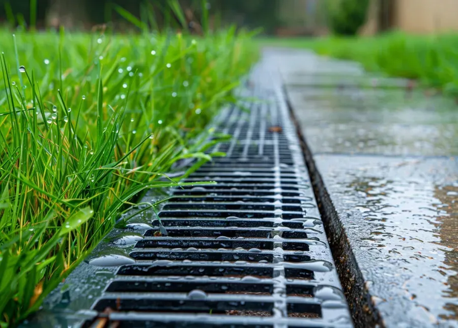 Close-up of a rain drain with wet metal bars, beside green grass and a wet stone path.