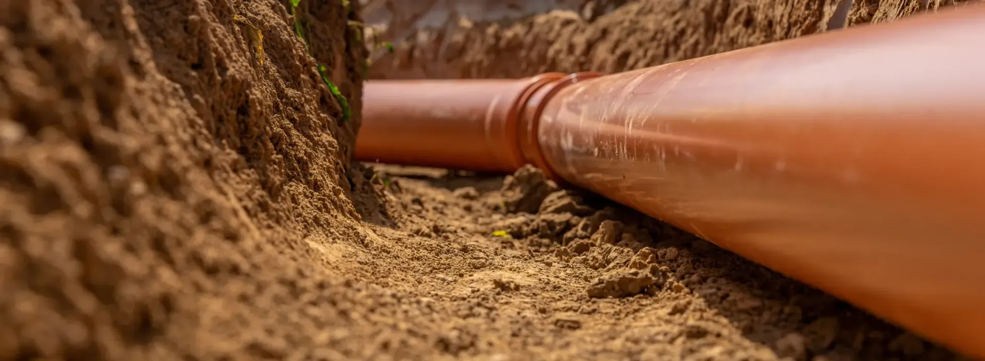Orange pipe laid in a narrow, brown trench.