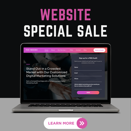 A laptop is open to a website that says website special sale