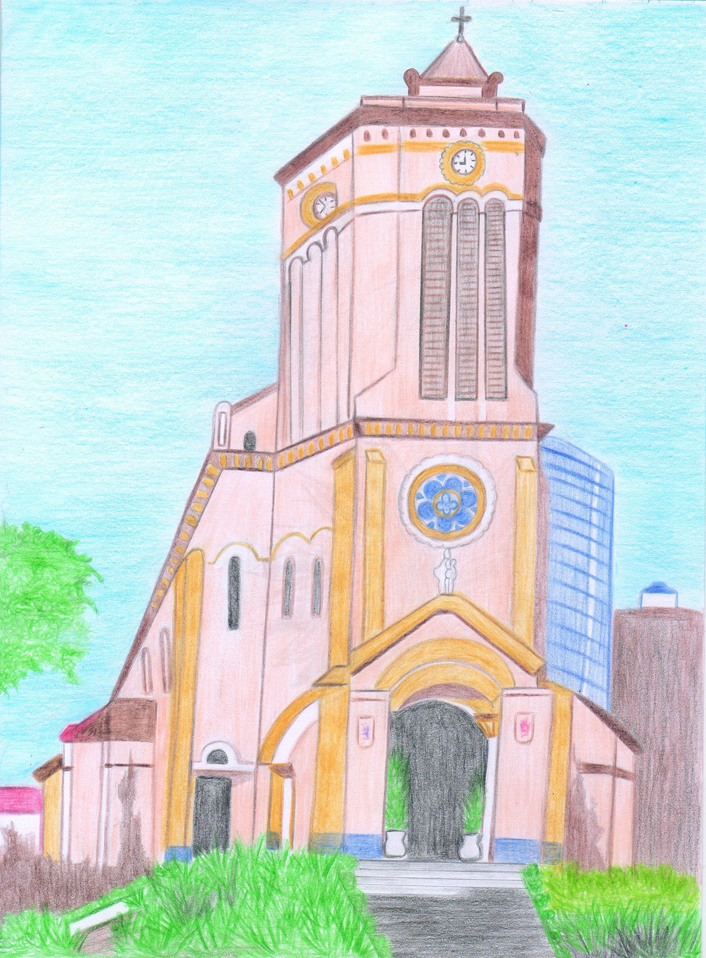 Um desenho de uma igreja com uma torre do relógio