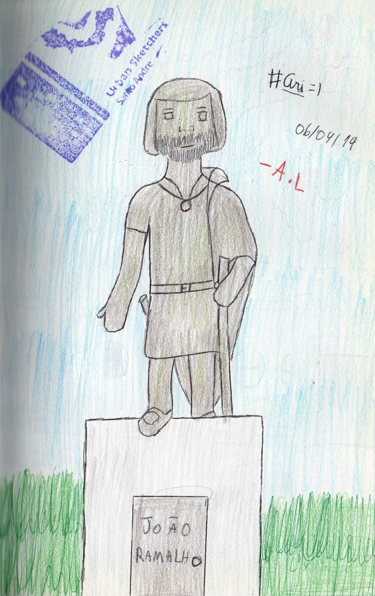 Um desenho de uma estátua de um homem com barba