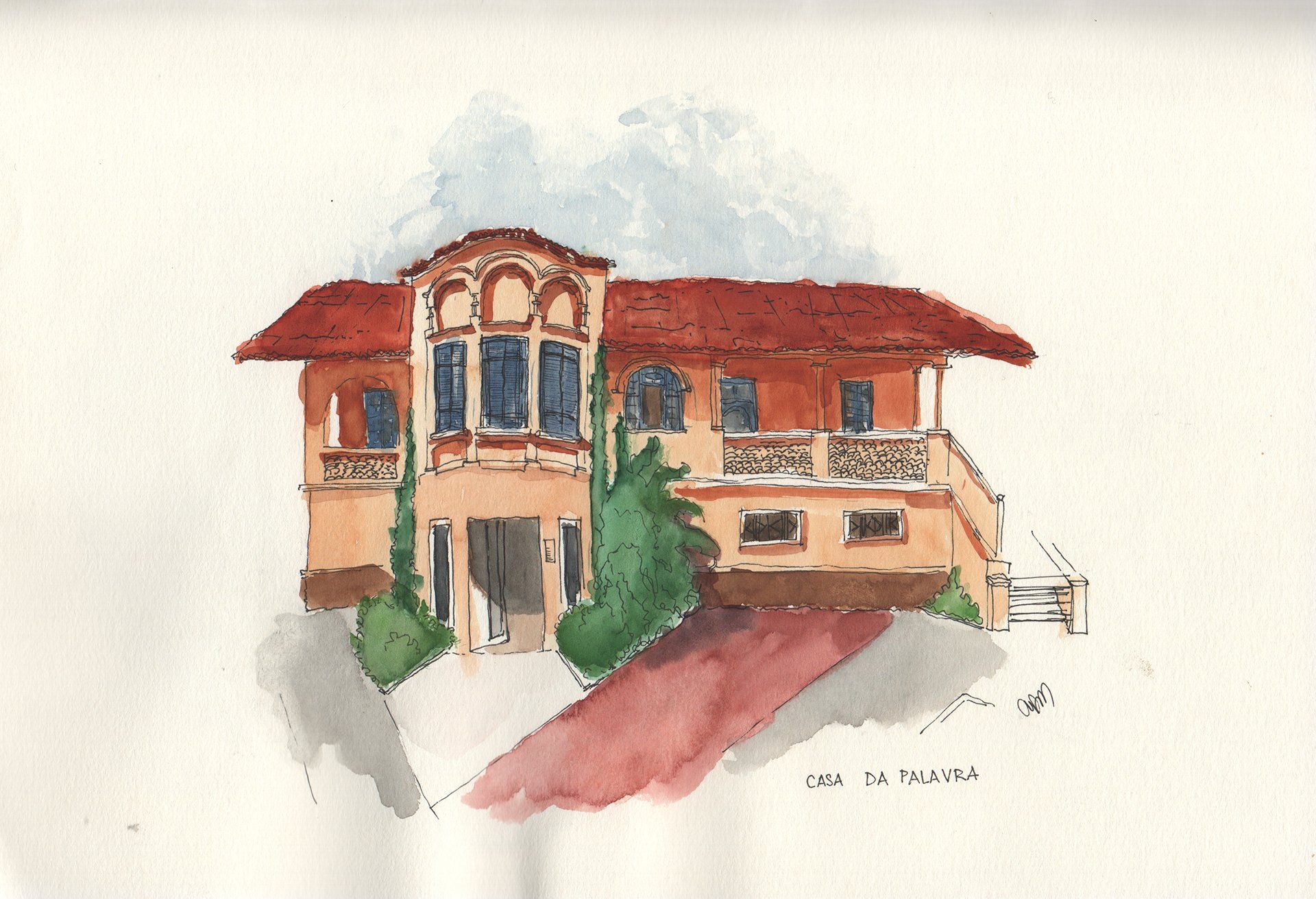 Desenho de uma casa com telhado vermelho