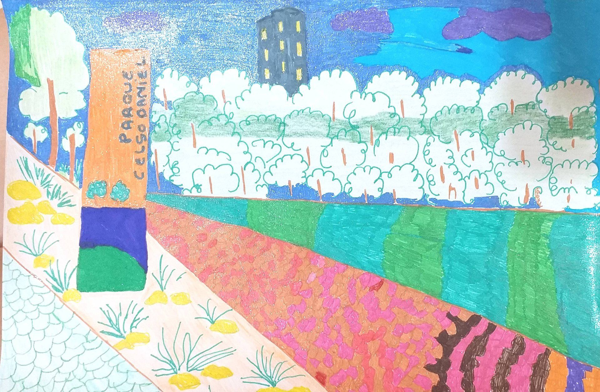 Um desenho de um parque com uma placa que diz parque