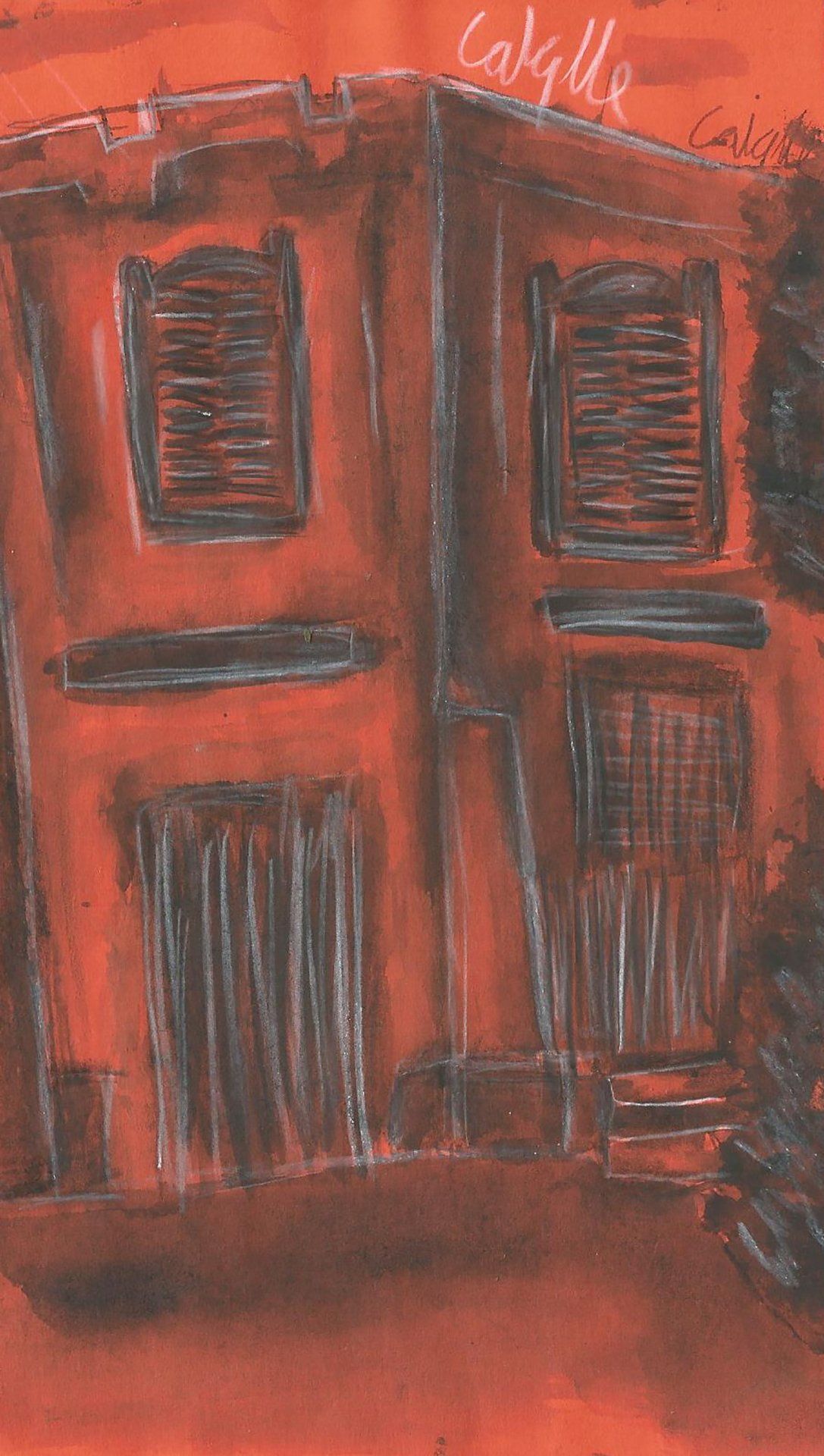 Um desenho de uma casa vermelha com uma árvore ao fundo.