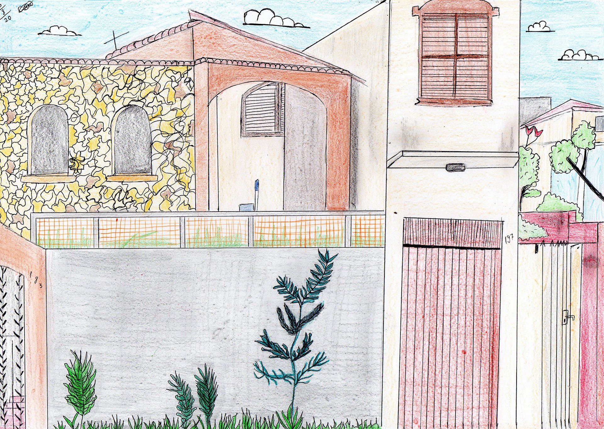 Desenho de uma casa com uma árvore na frente