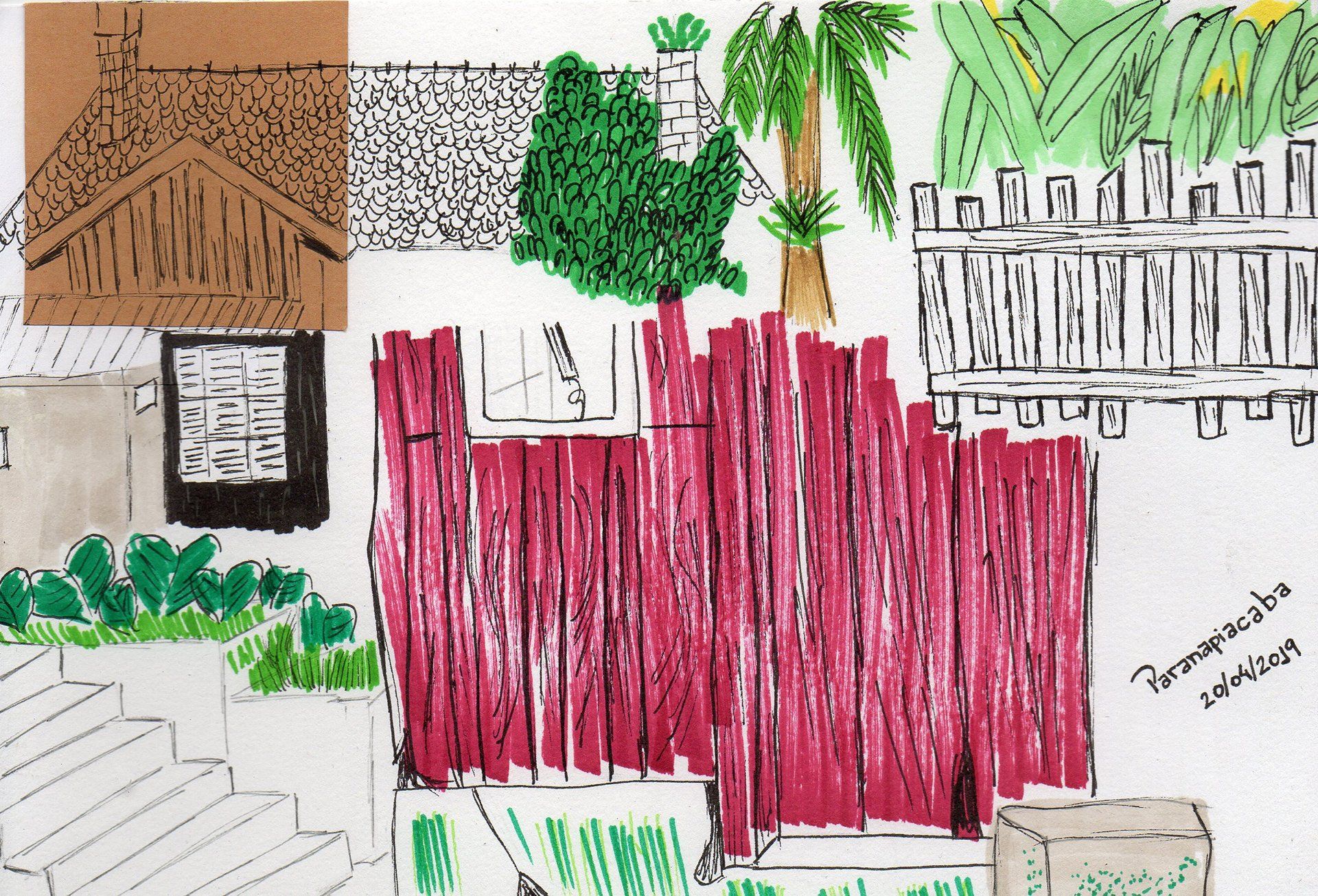 Desenho de uma casa com cerca vermelha e palmeiras