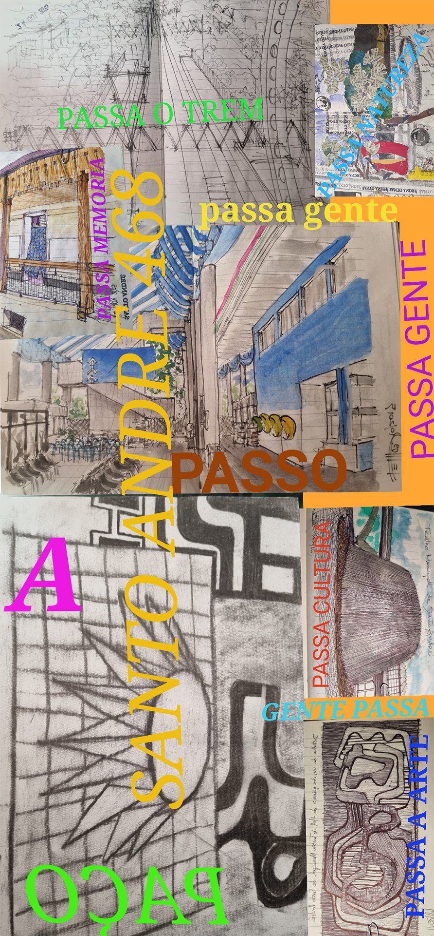 Uma colagem de desenhos e palavras numa parede.