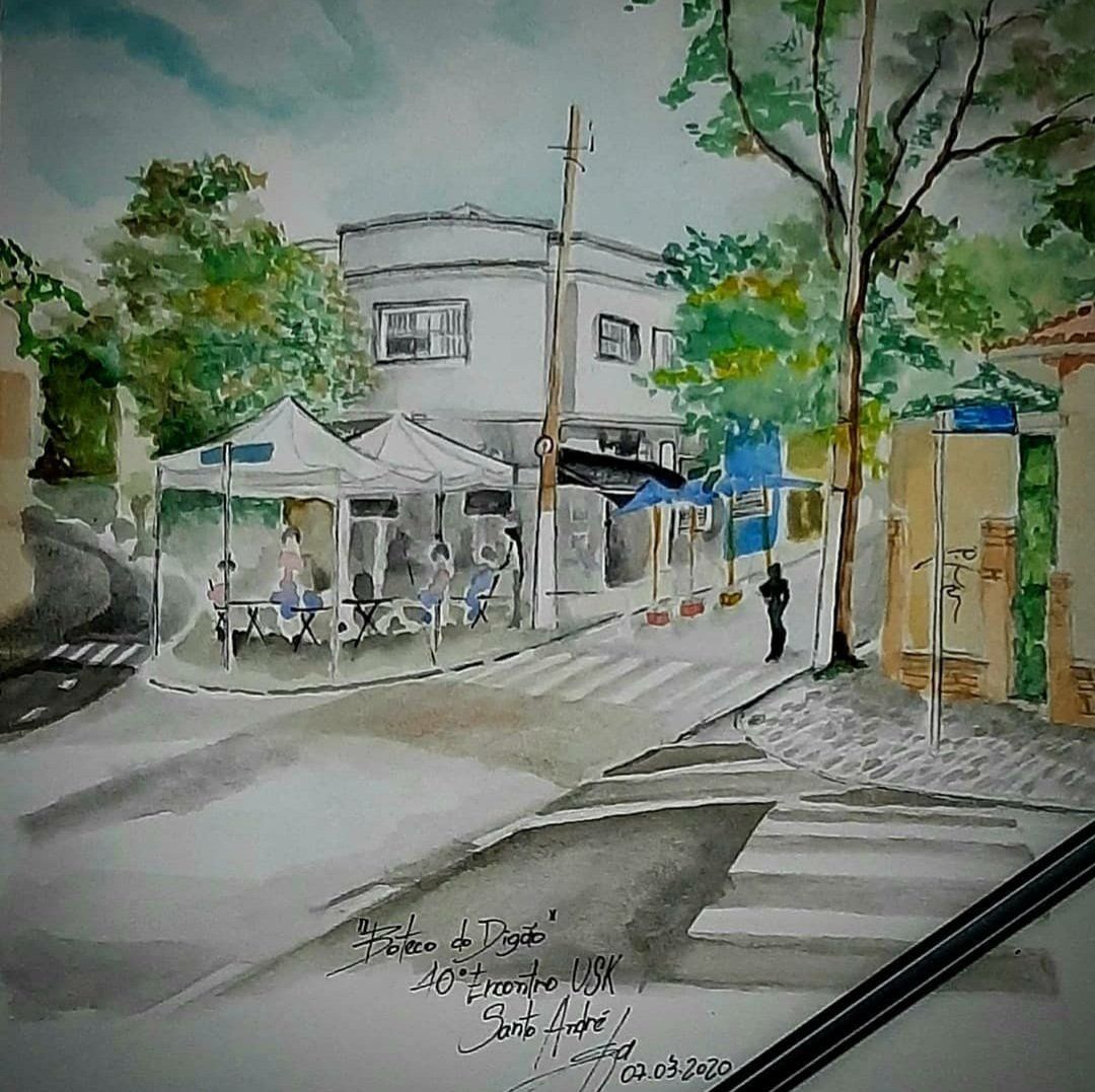 Uma pintura em aquarela de uma cena de rua com uma faixa de pedestres