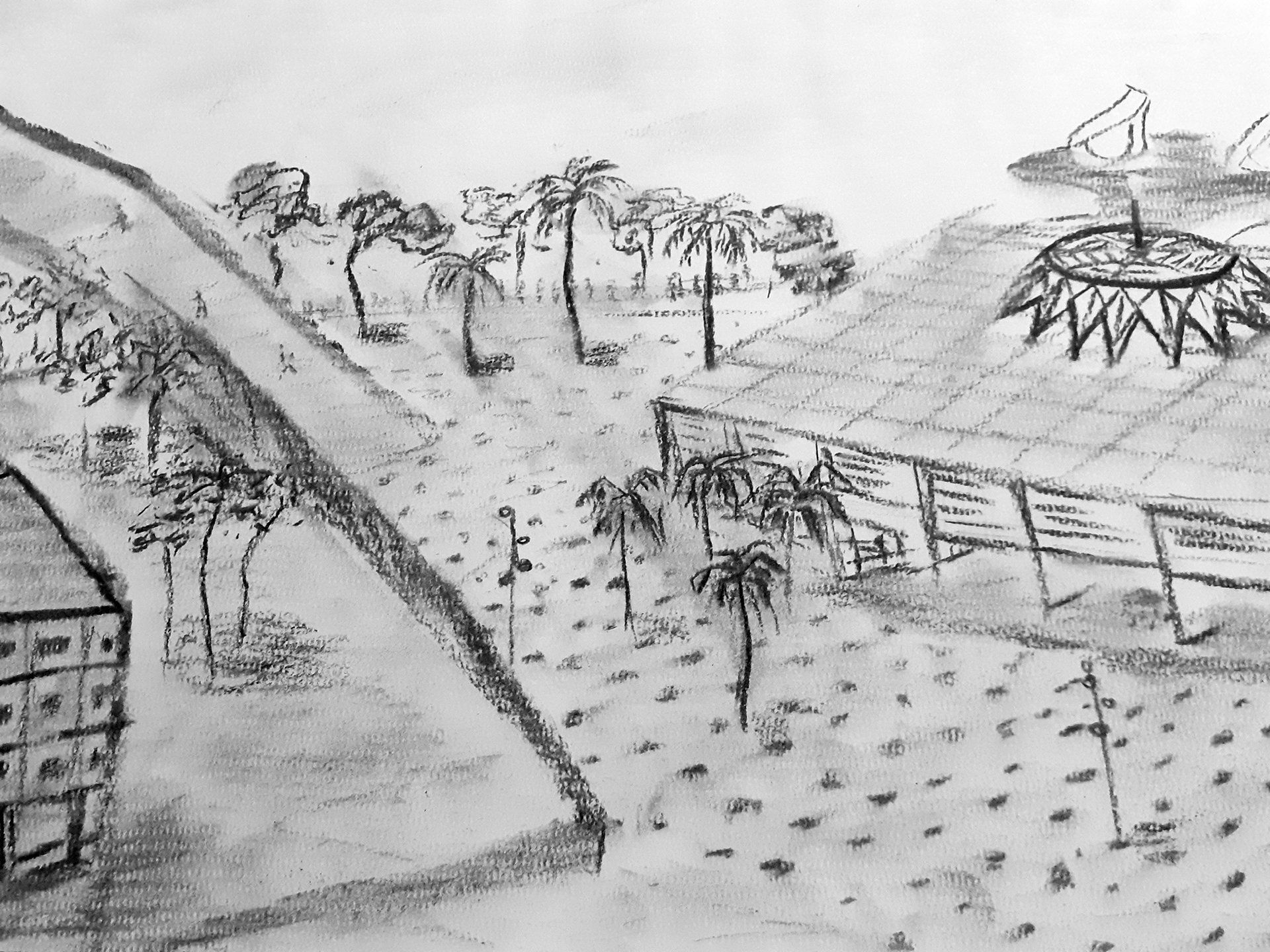 Um desenho em preto e branco de palmeiras e um prédio