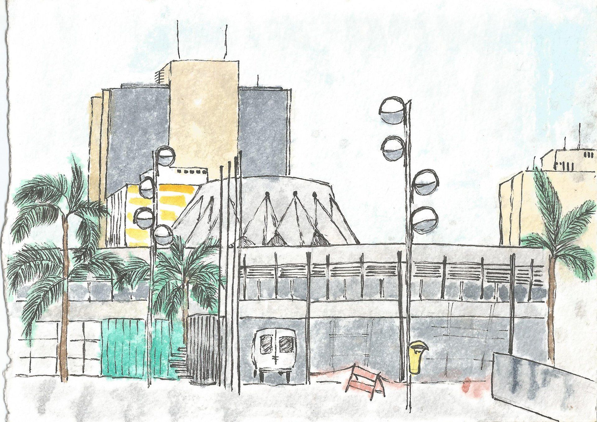 Um desenho de um prédio com palmeiras na frente