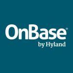 the onbase by hyland logo is on a blue background .
