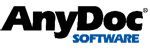 the logo for anydoc software is black and blue on a white background .