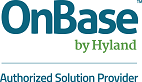 the logo for onbase by hyland is a authorized solution provider .