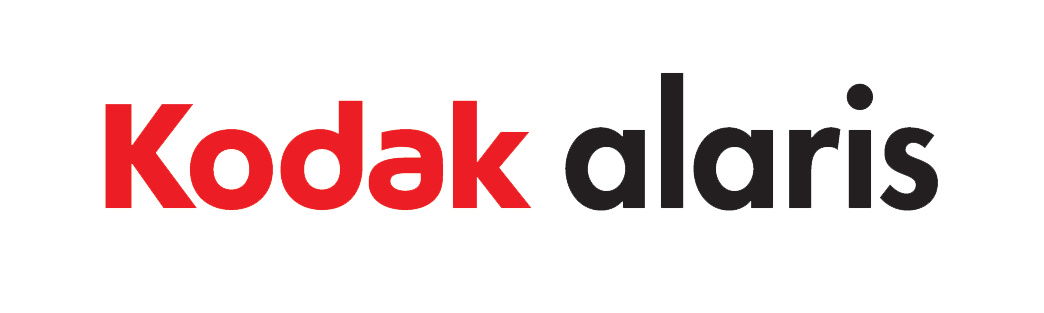 a red and black kodak alaris logo on a white background