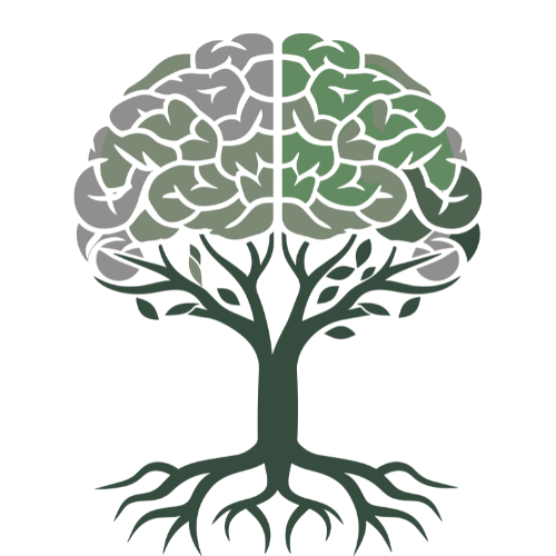 Arbre en forme de cerveau avec racines. Motif vert et gris, symbolisant la croissance et l'intelligence.