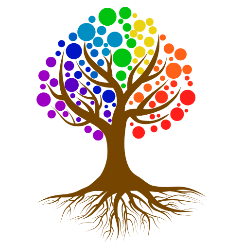 Arbre brun avec des cercles aux couleurs de l'arc-en-ciel en guise de feuilles.