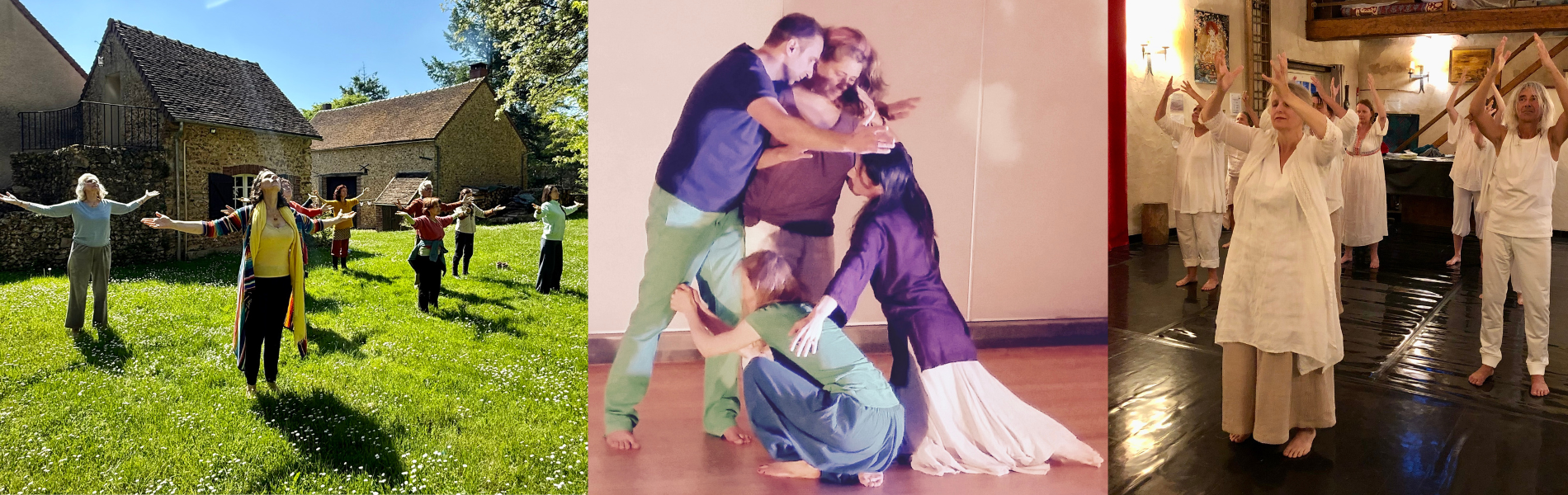 Des gens sur l'herbe devant une maison en pierre, un spectacle de danse et des gens en vêtements blancs dans une pièce.