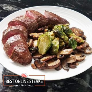 Pan-seared Teres Major with Sauteed Mushrooms and Roasted Brussel Sprouts