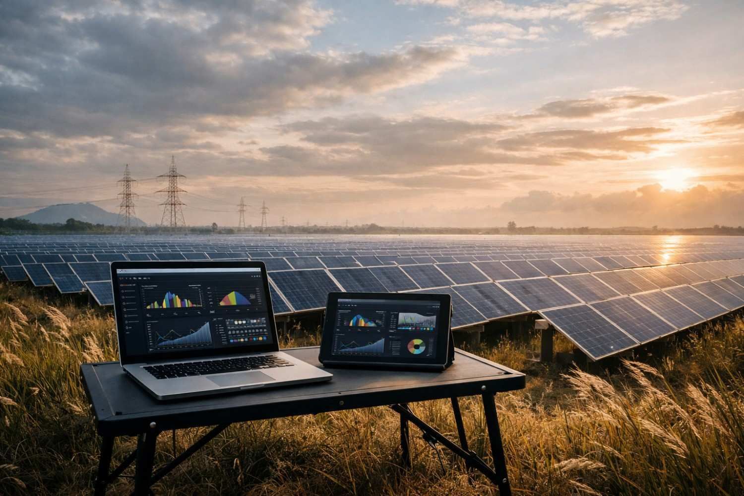 A laptop and tablet showing data dashboards sit on a table before a sprawling solar panel farm at sunset.