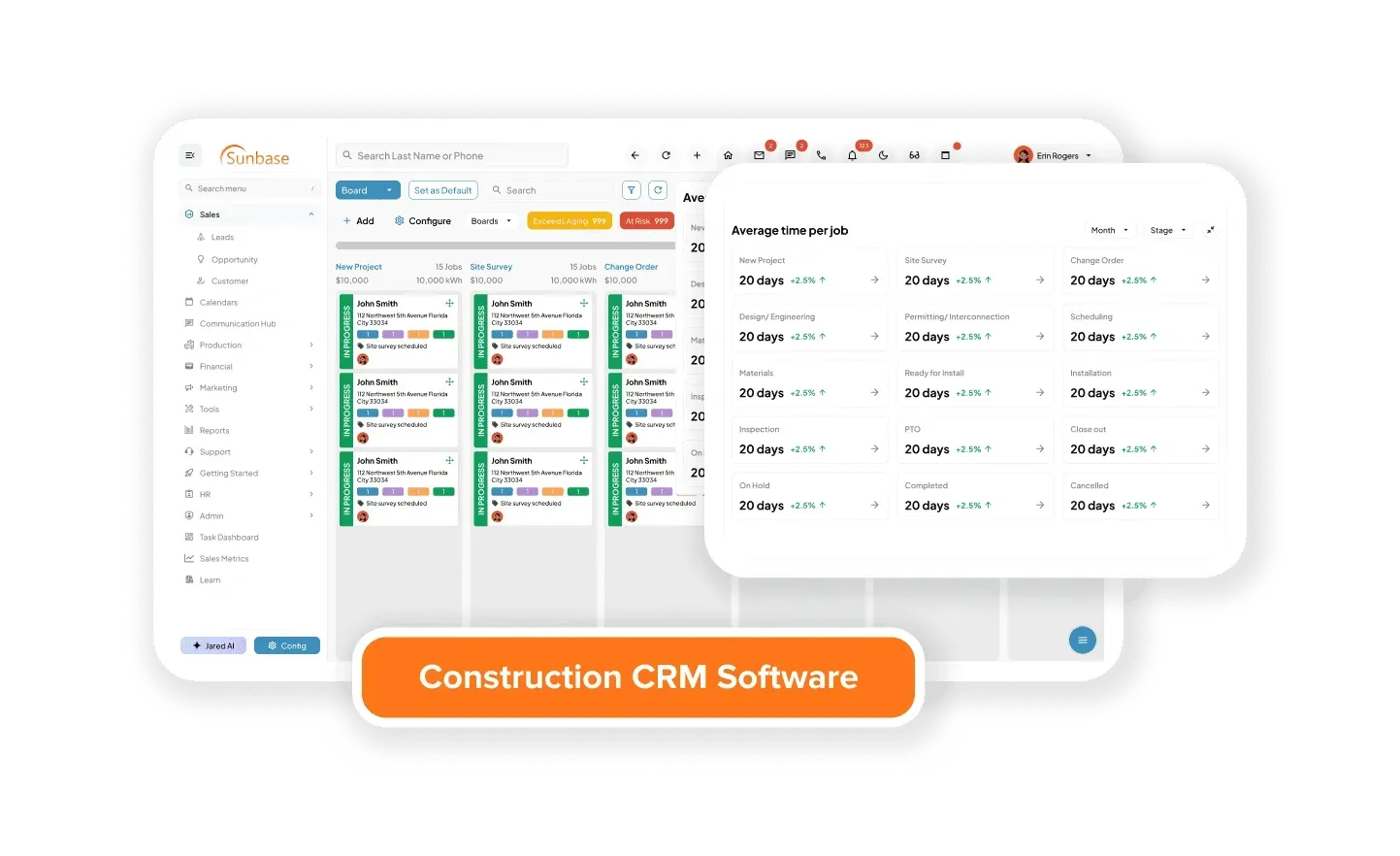 Construction CRM dashboard with sales pipeline, lead tracking, and client communication tools for contractors