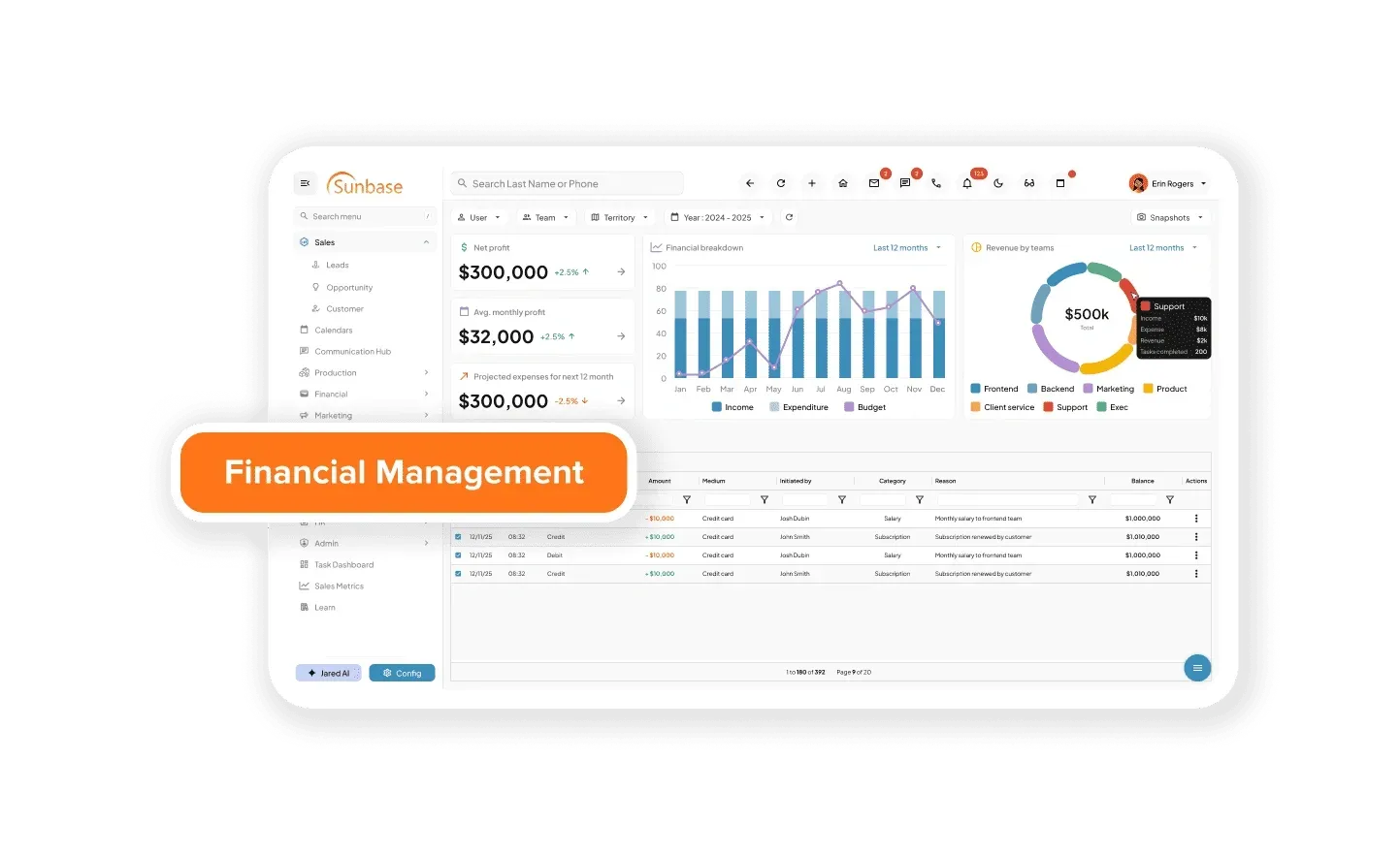 Finance management dashboard showing job costing, expenses, and cash flow analytics for construction companies