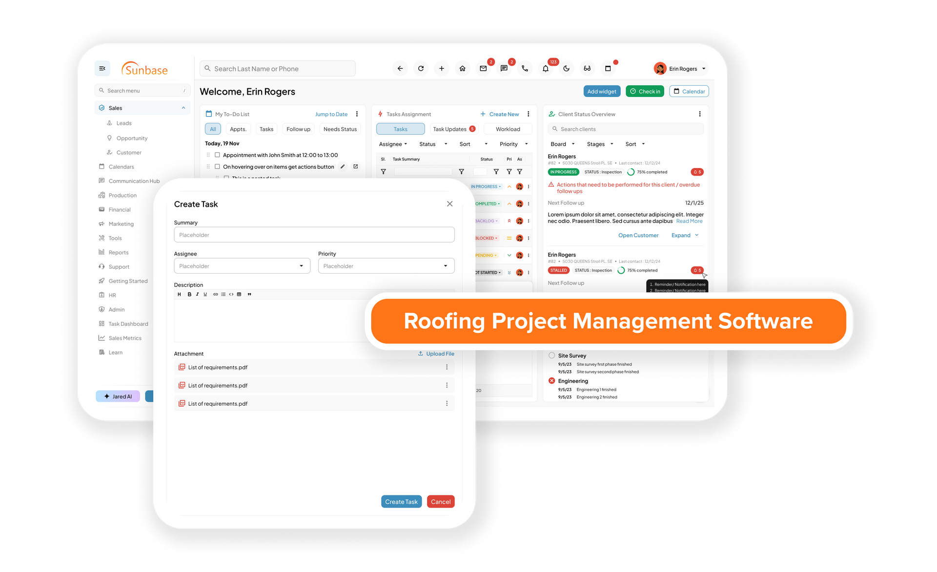 Solar CRM platform showing lead tracking, proposals, and project pipeline overview