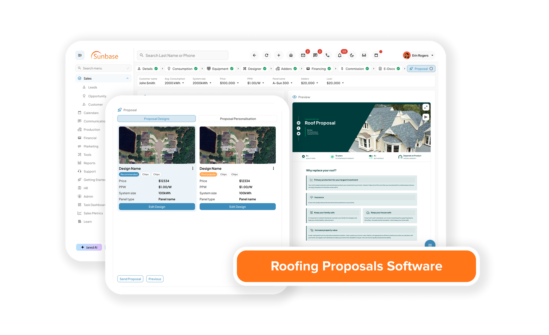 Solar CRM platform showing lead tracking, proposals, and project pipeline overview