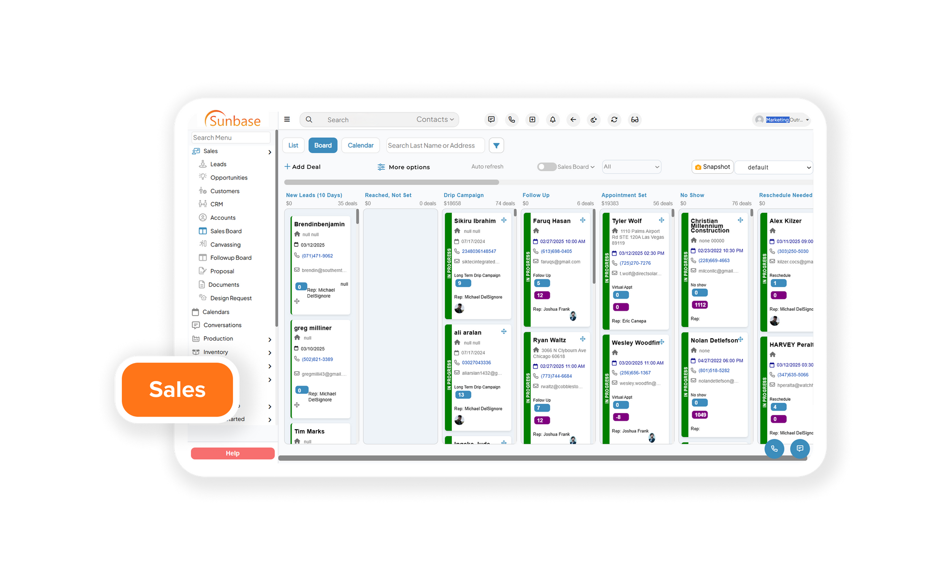 Sales management dashboard for contractors with pipeline view, follow-up reminders, and performance tracking